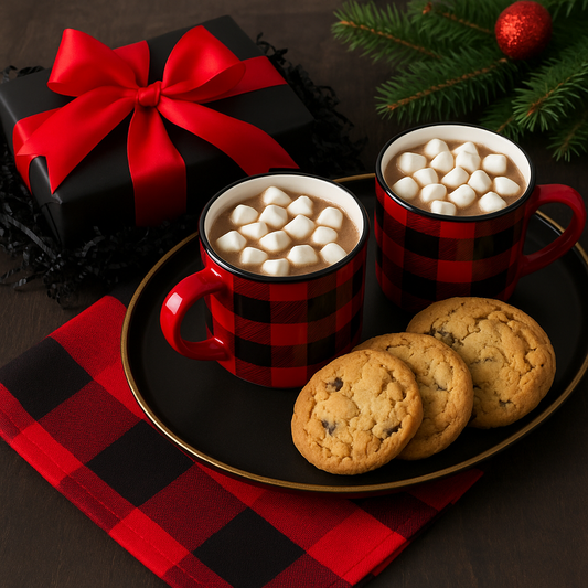 Enjoy a holiday tradition of Buffalo Plaid mugs and tea towel with cookies as a treat. 