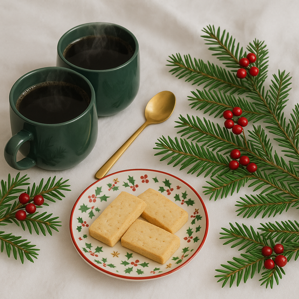 Enjoy the holiday season with these porcelain mugs, gold spoon, and buttery short bread cookies. Perfect for parents, grandparents, friends, housewarming, clients and those you love.