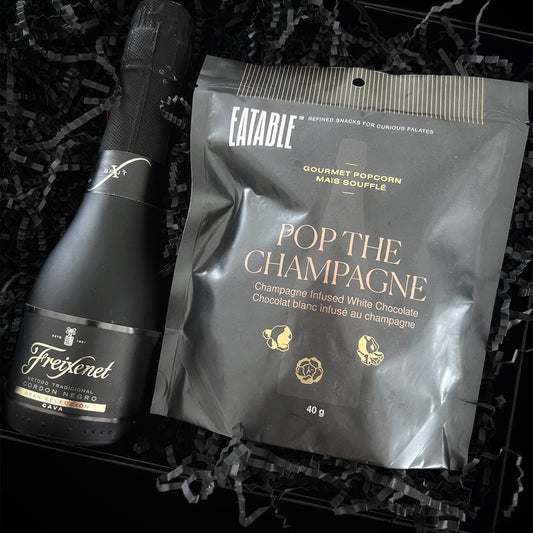 Freixenet Cordon Negro sparkling wine and EATABLE Pop the Champagne popcorn in black gift box