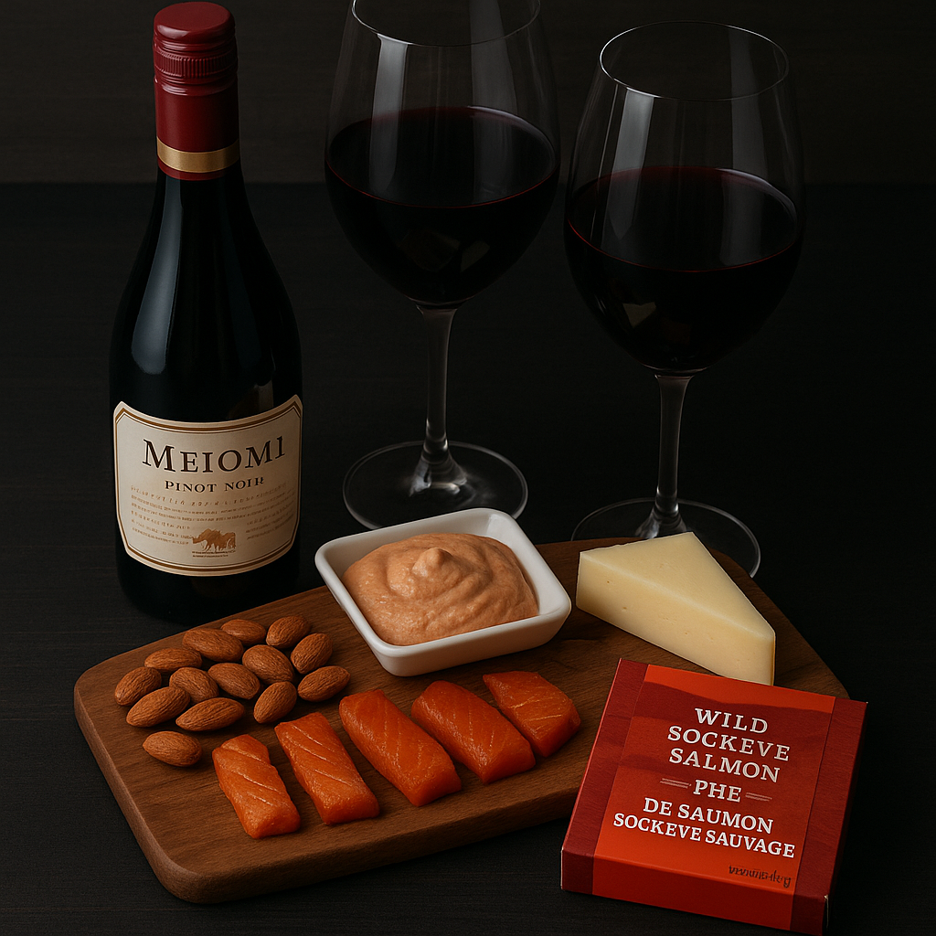 Enjoy Meiomi Pinot Noir, paired with smoked salmon, wild sockeye salmon pate, and marcona almonds. The perfect pairing of flavours.
